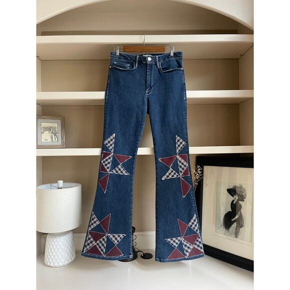 FRAME Le One Flair Quilted Patchworked Jeans - Reworked Jeans Size 32 - Picture 1 of 9